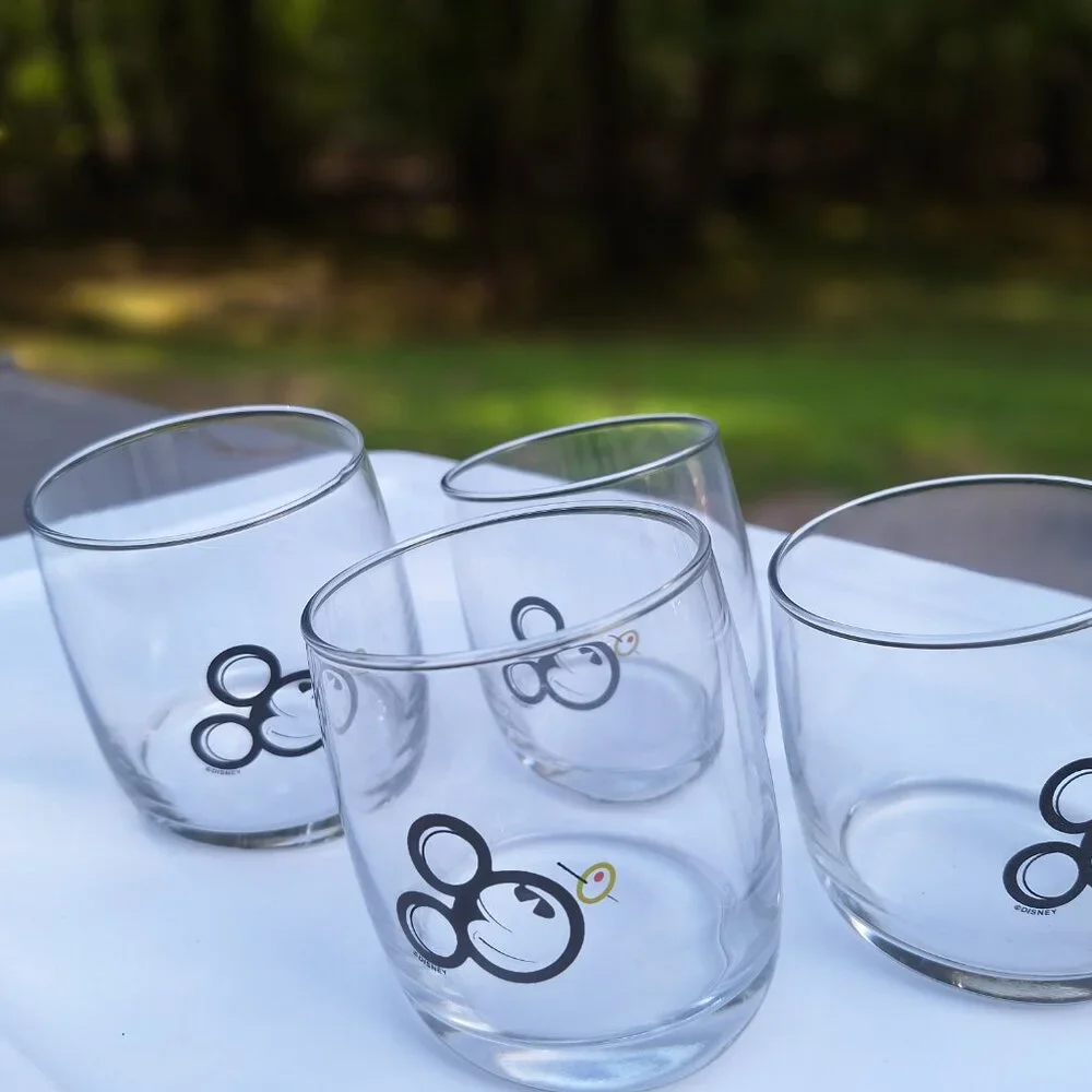 Set of 4 Mickey w/Olive Nose Slanted Drinking Glasses- NEW
